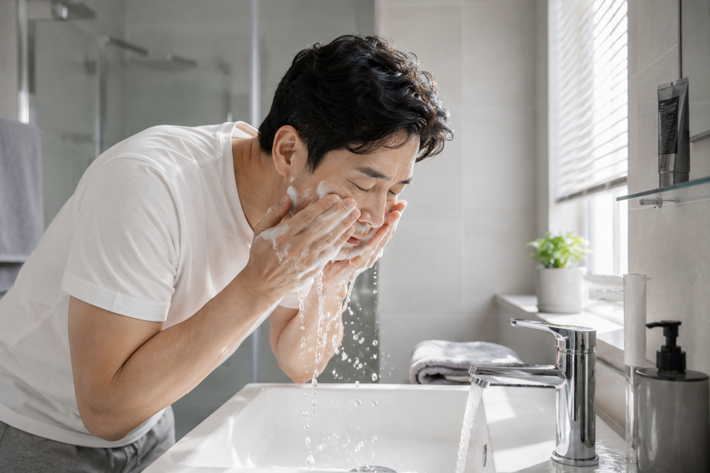 아침에 미지근한 물로 부드럽게 세안하는 중년 남성
