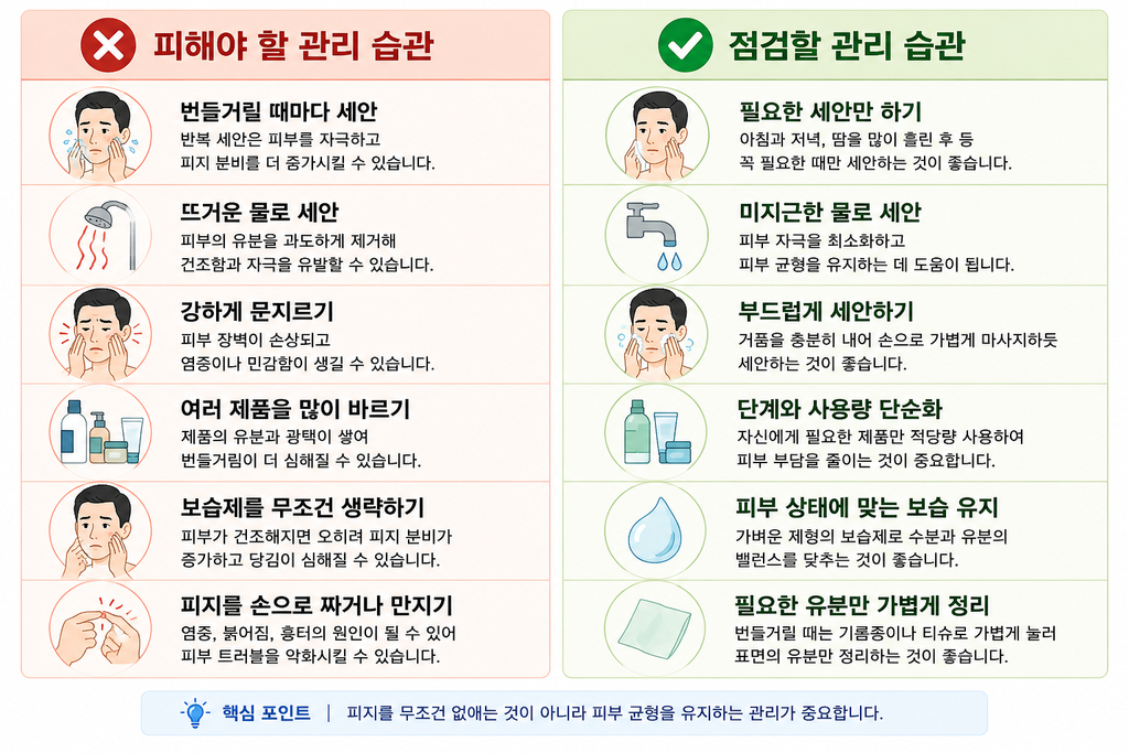 남자 얼굴 피지 관리에서 피해야 할 습관과 올바른 관리 비교
