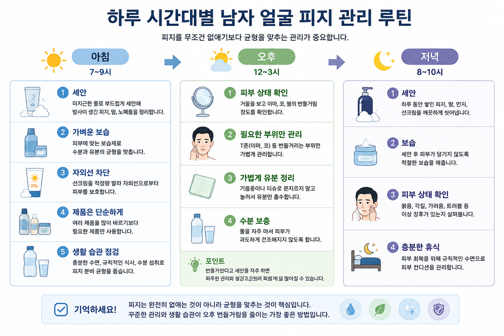아침부터 저녁까지 시간대별 남자 얼굴 피지 관리 루틴