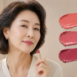 50대 립스틱 색상별 얼굴빛 변화를 비교하며 어울리는 색을 고르는 여성