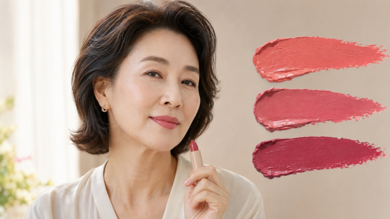 50대 립스틱 색상별 얼굴빛 변화를 비교하며 어울리는 색을 고르는 여성