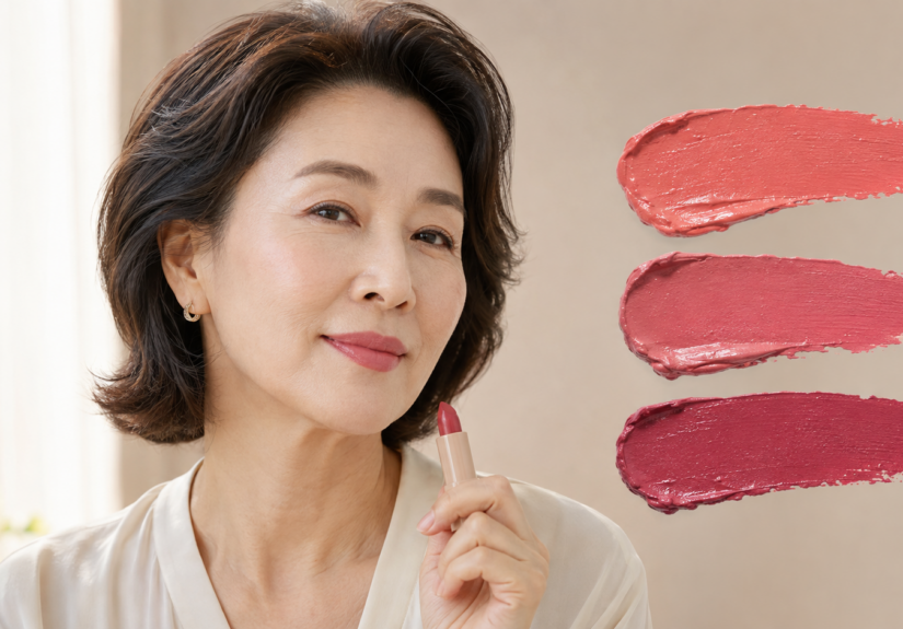 50대 립스틱 색상별 얼굴빛 변화를 비교하며 어울리는 색을 고르는 여성