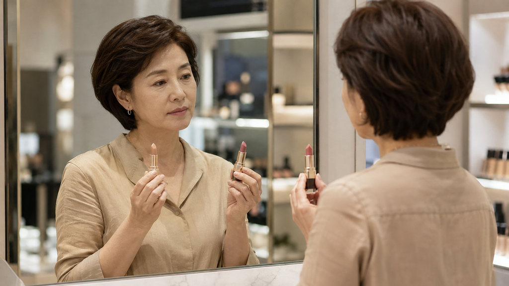 화장품 매장에서 두 가지 50대 립스틱 색상을 비교하는 여성