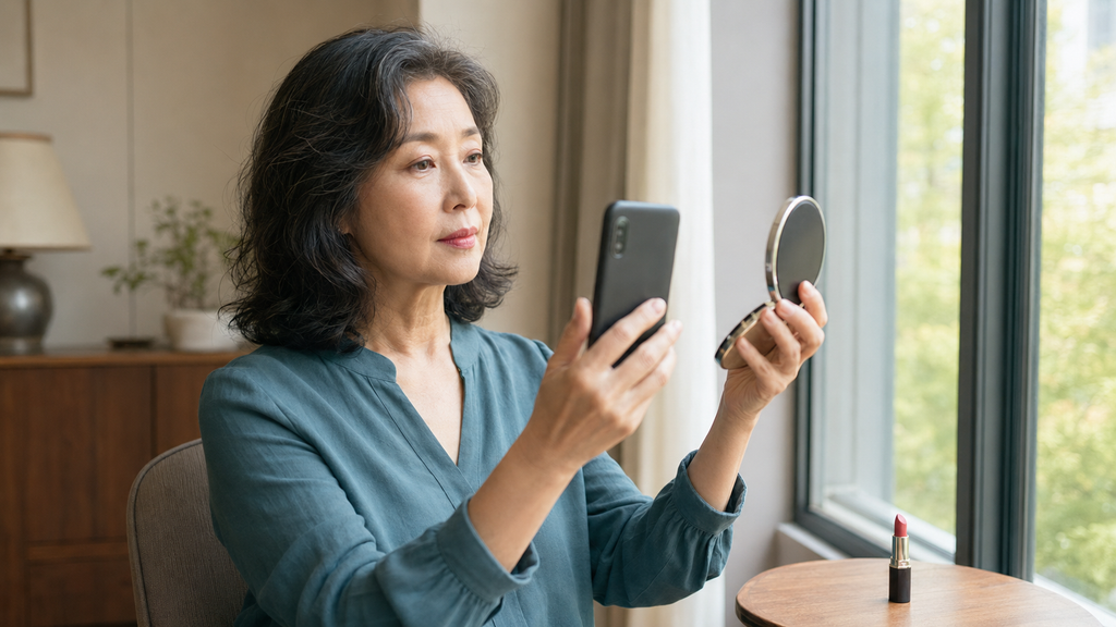 자연광에서 얼굴 전체와 립스틱 발색을 확인하는 50대 여성