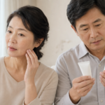 기미와 잡티 차이를 살펴보고 미백 화장품 용기를 비교하는 50대 남녀