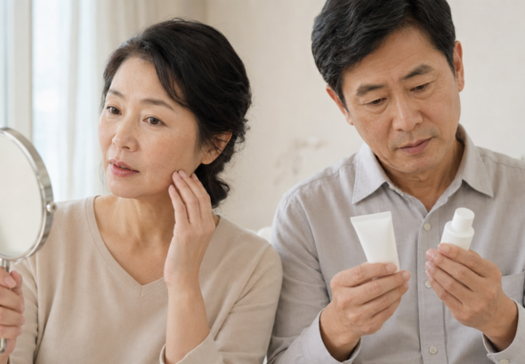 기미와 잡티 차이를 살펴보고 미백 화장품 용기를 비교하는 50대 남녀