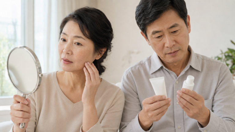 기미와 잡티 차이를 살펴보고 미백 화장품 용기를 비교하는 50대 남녀