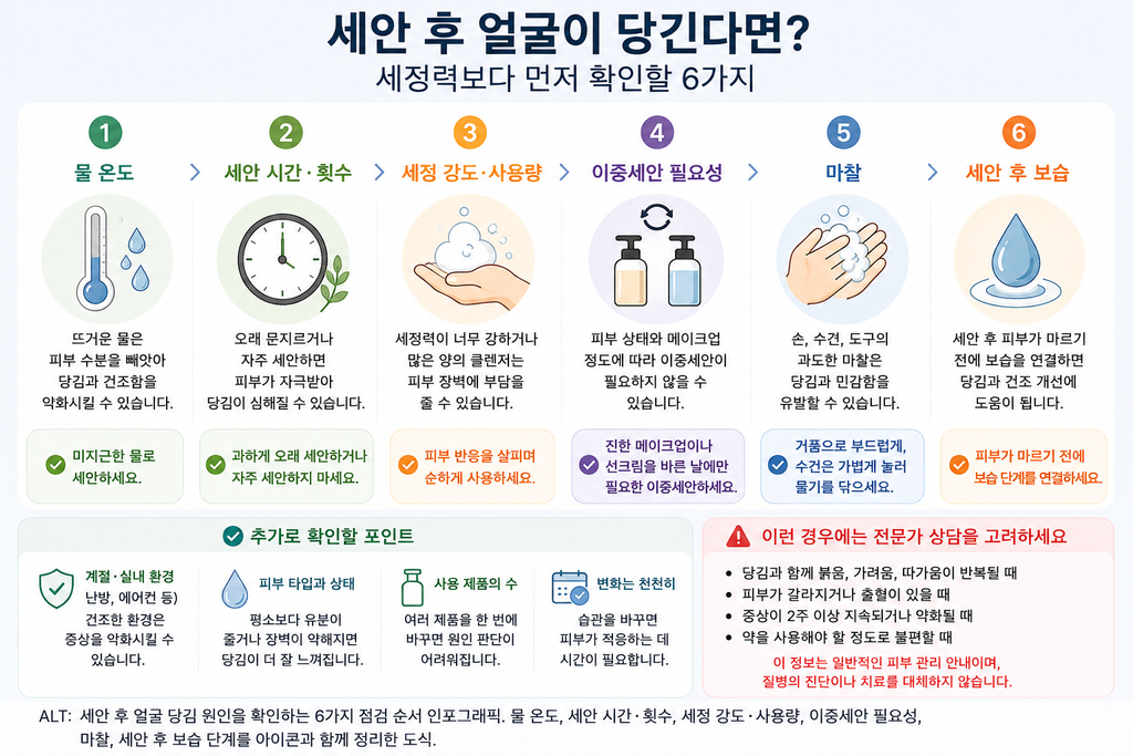 세안 후 얼굴 당김 원인을 물 온도, 세안 시간과 횟수, 세정 강도, 이중세안, 마찰, 세안 후 보습 순서로 확인하는 인포그래픽