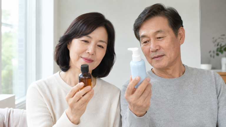 비타민C와 나이아신아마이드 제품을 비교하는 중년 부부