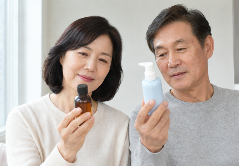 비타민C와 나이아신아마이드 제품을 비교하는 중년 부부