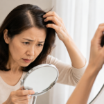 정수리 부분에 머리숱이 줄어 고민하는 50대 여성의 모습