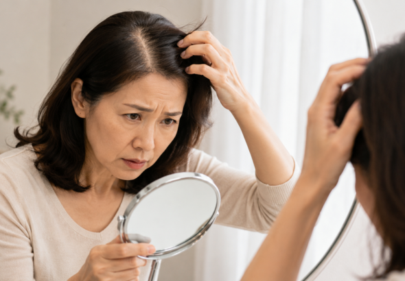 정수리 부분에 머리숱이 줄어 고민하는 50대 여성의 모습
