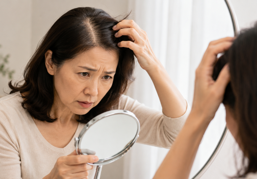 정수리 부분에 머리숱이 줄어 고민하는 50대 여성의 모습