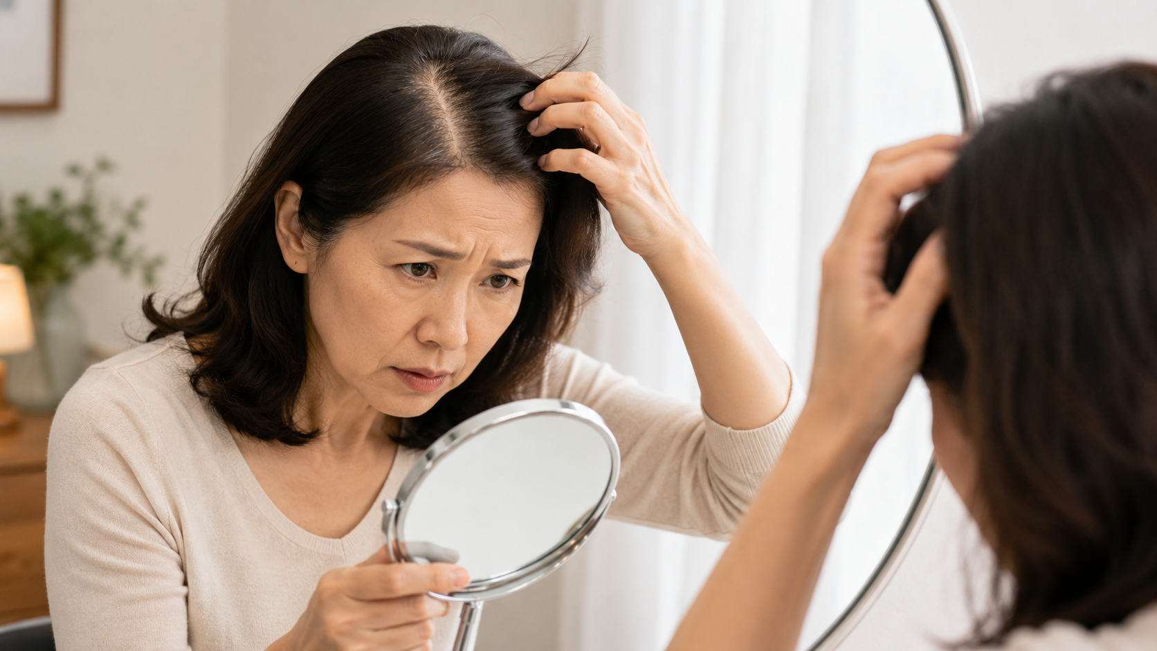 정수리 부분에 머리숱이 줄어 고민하는 50대 여성의 모습