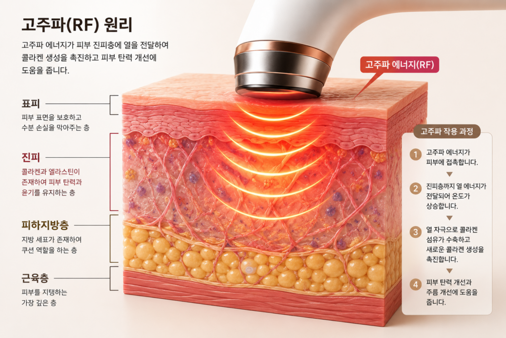 고주파 에너지가 피부 진피층에 전달되는 원리를 설명하는 피부 단면 이미지