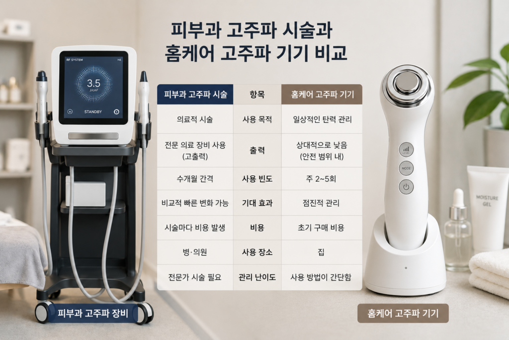 피부과 고주파 장비와 홈케어 고주파 피부관리기를 비교한 이미지