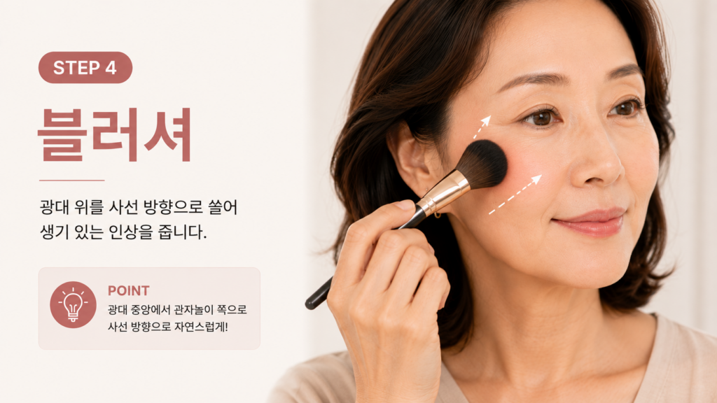 50대 여성이 광대 위쪽에 블러셔를 사선 방향으로 바르는 모습