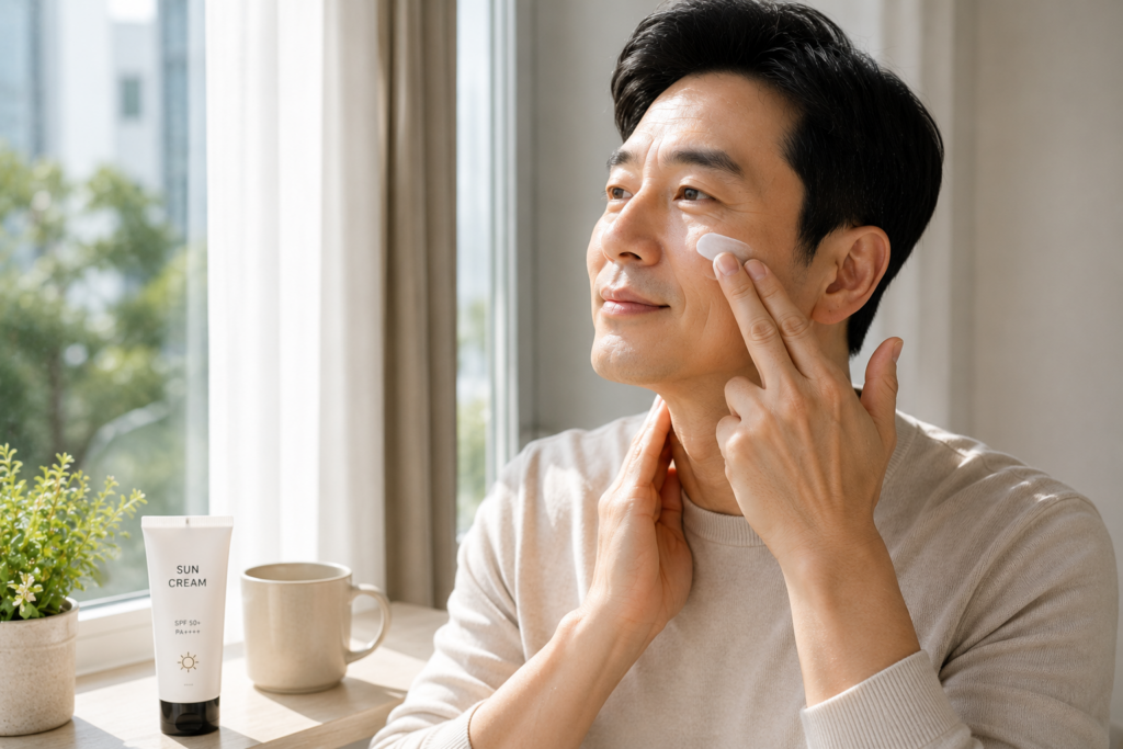 아침 창가에서 얼굴과 목에 선크림을 바르는 중년 남성