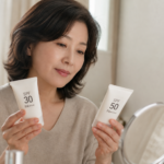 SPF30과 SPF50 선크림을 비교하며 선택하는 50대 여성의 모습