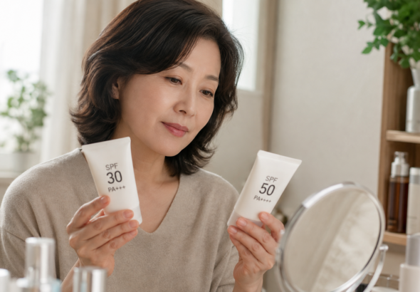 SPF30과 SPF50 선크림을 비교하며 선택하는 50대 여성의 모습