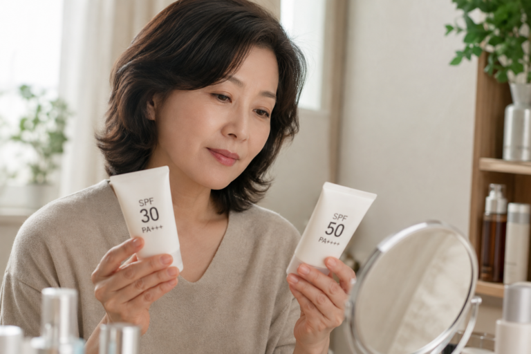 SPF30과 SPF50 선크림을 비교하며 선택하는 50대 여성의 모습