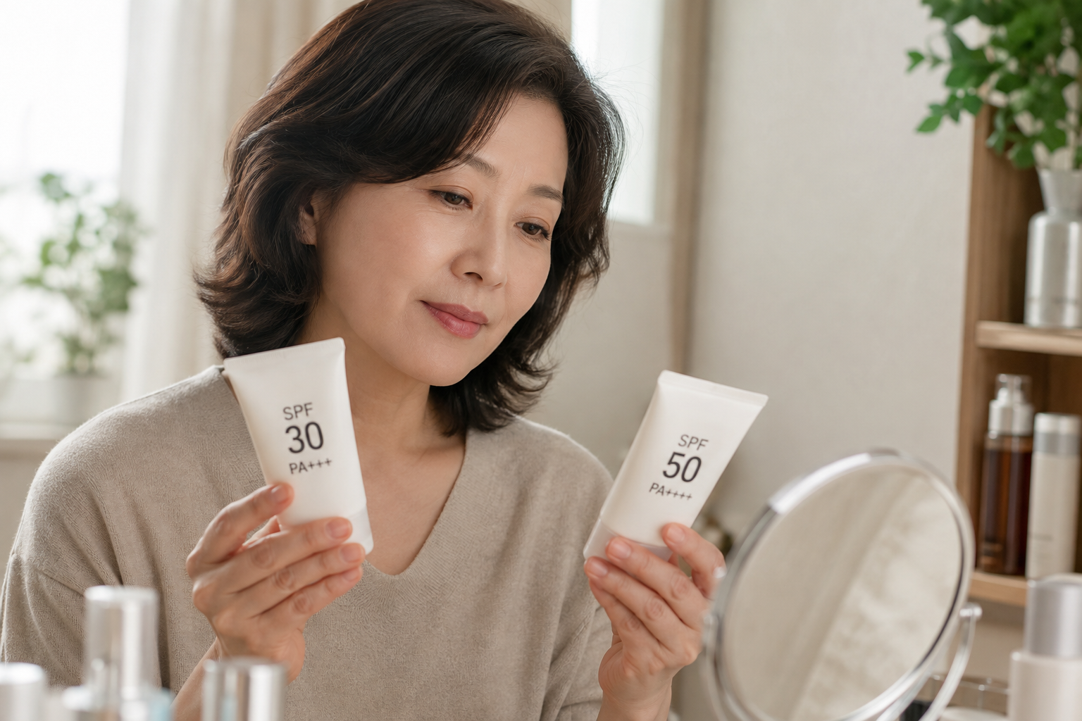 SPF30과 SPF50 선크림을 비교하며 선택하는 50대 여성의 모습