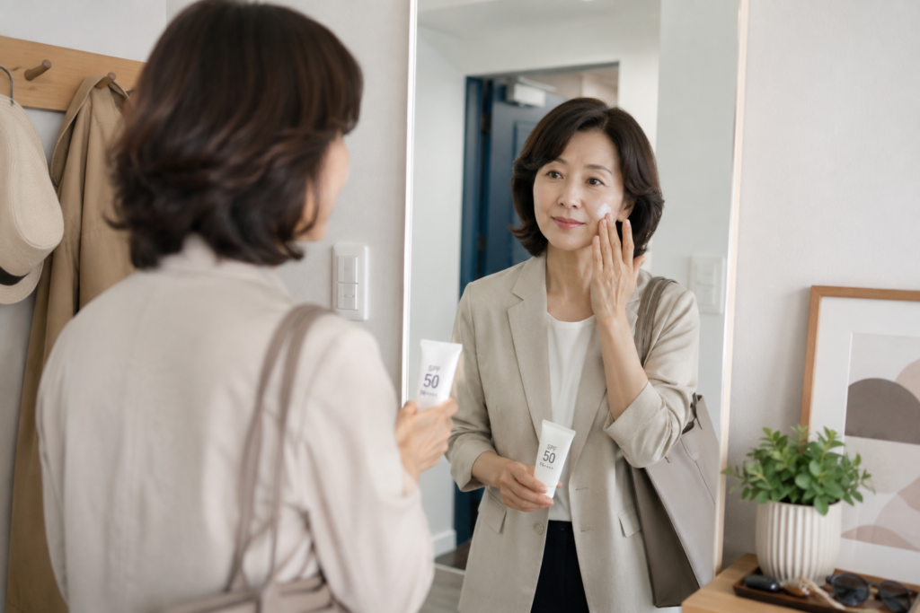 출근 전 얼굴에 선크림을 바르는 중년 직장인