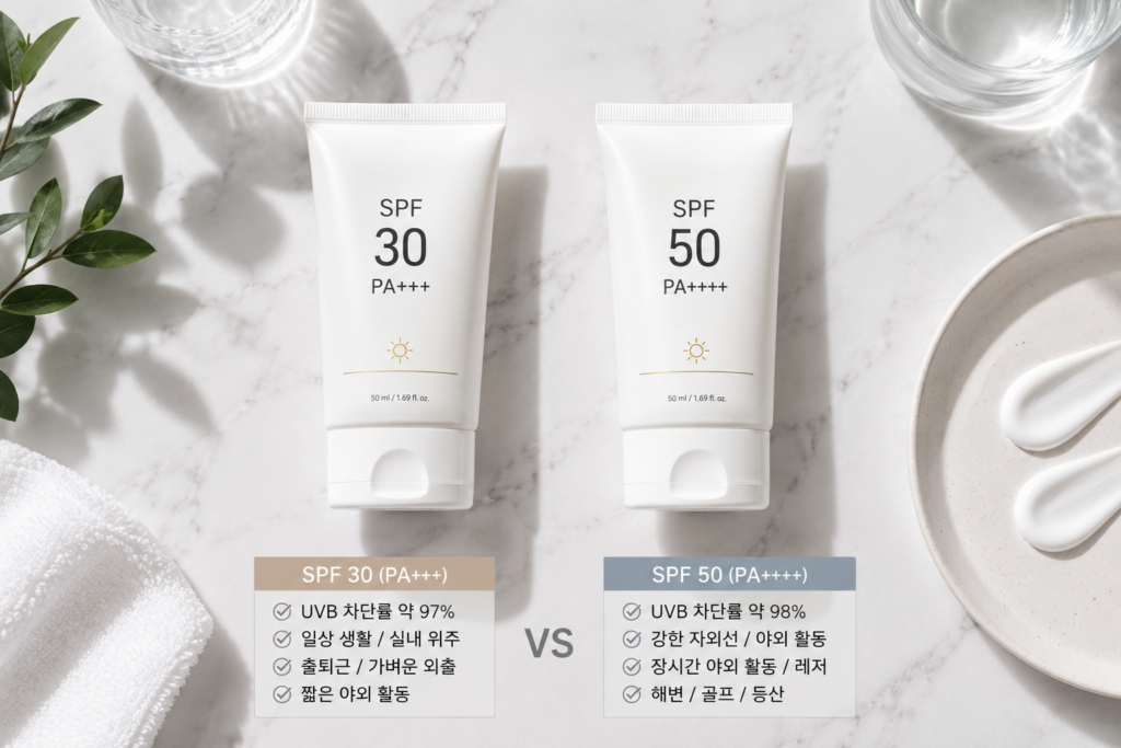 SPF30과 SPF50 선크림 제품을 위에서 비교한 장면