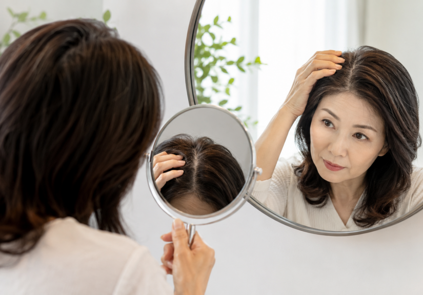 거울을 보며 가르마와 정수리의 갱년기 탈모 초기 변화를 확인하는 중년 여성