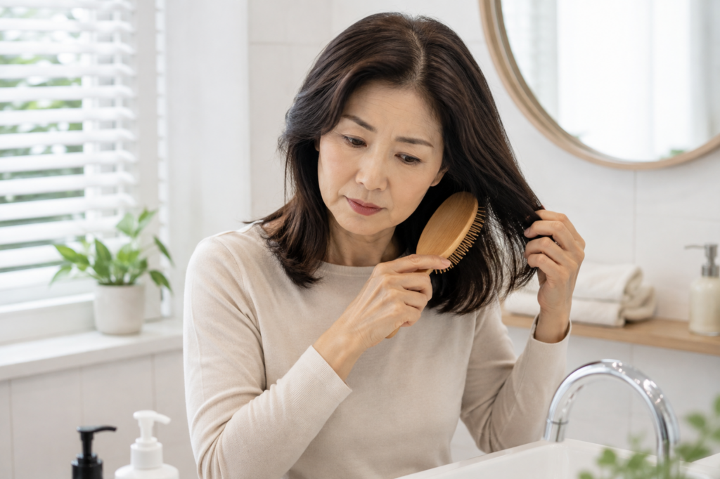 아침에 머리를 빗으며 머리숱 변화를 확인하는 50대 여성