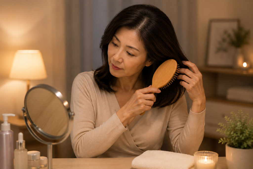 저녁에 두피와 모발을 자극하지 않도록 부드럽게 관리하는 중년 여성