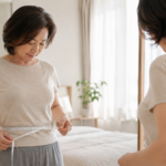 갱년기 뱃살 변화를 확인하기 위해 허리둘레를 측정하는 50대 여성