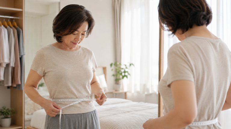 갱년기 뱃살 변화를 확인하기 위해 허리둘레를 측정하는 50대 여성