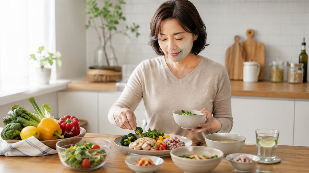 50대 여성이 갱년기 체중관리를 위해 균형 잡힌 식사를 준비하는 모습