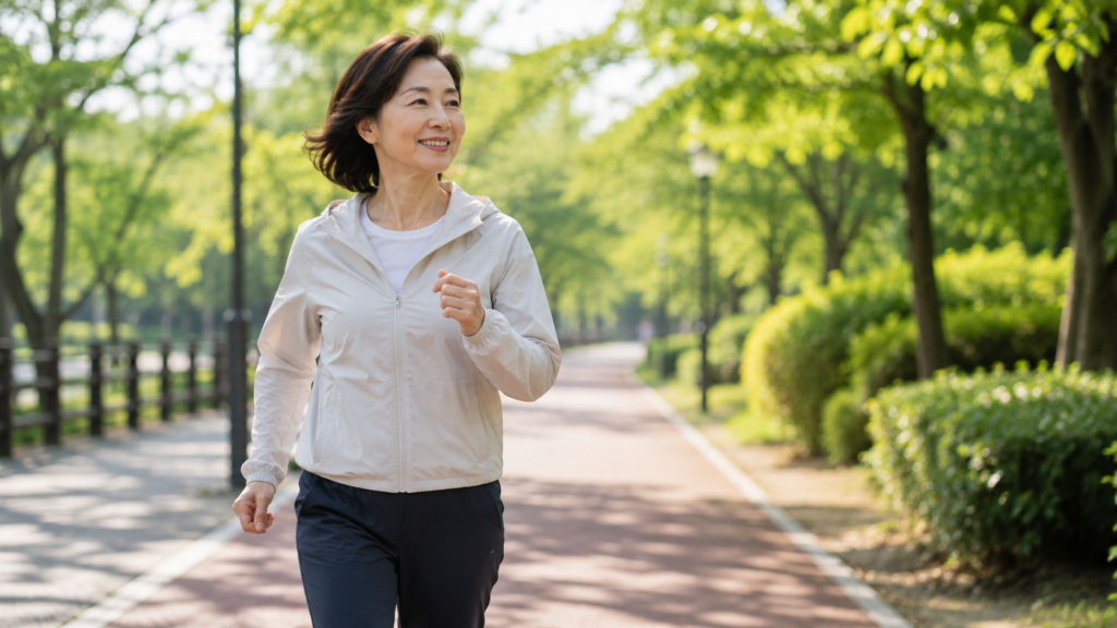 공원에서 빠르게 걸으며 체중관리를 실천하는 50대 여성