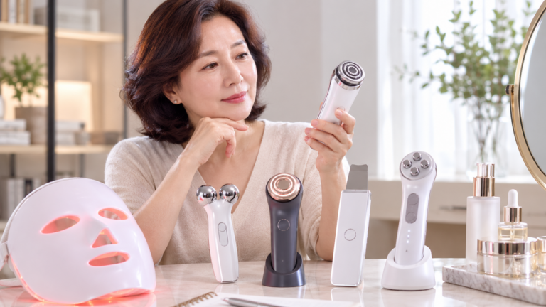 50대 여성이 여러 종류의 홈 뷰티기기를 비교해 고르는 모습