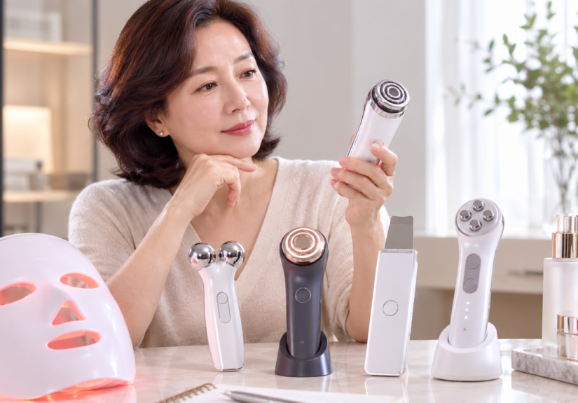 50대 여성이 여러 종류의 홈 뷰티기기를 비교해 고르는 모습