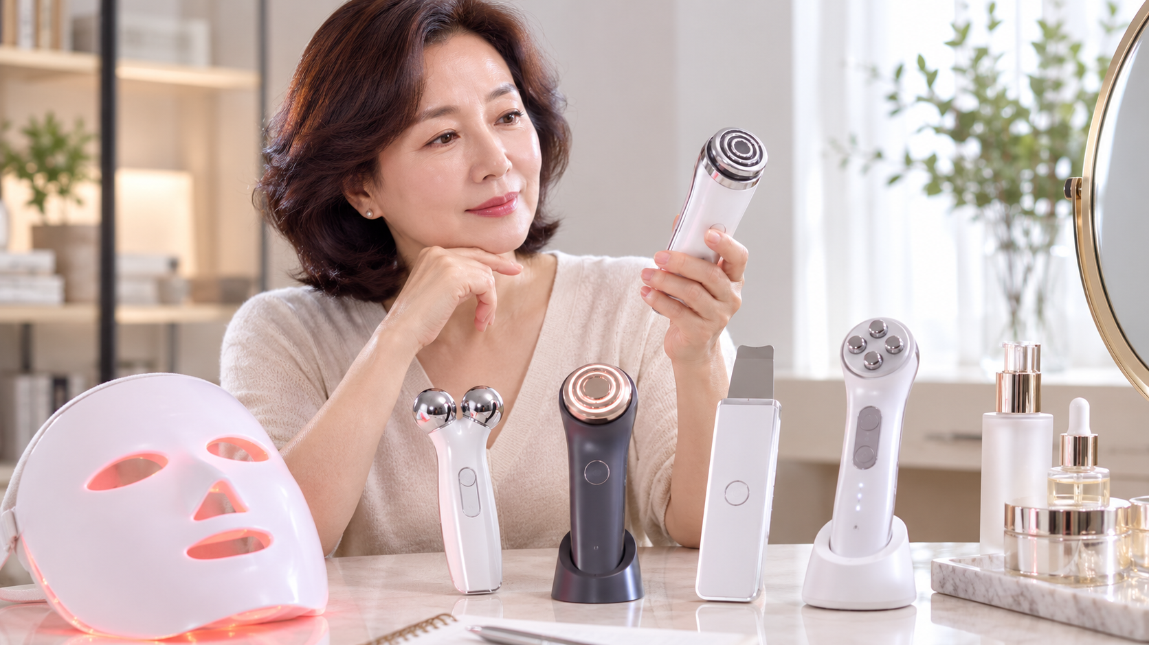 50대 여성이 여러 종류의 홈 뷰티기기를 비교해 고르는 모습