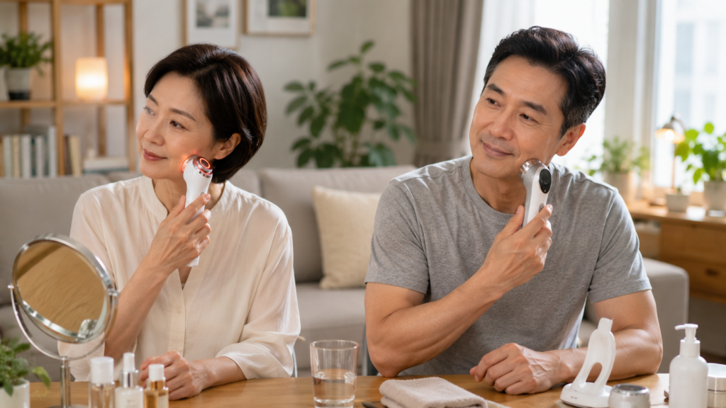 집에서 각자의 피부 관리 목적에 맞는 홈 뷰티기기를 사용하는 중년 남녀