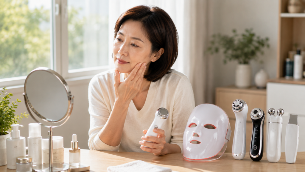 50대 여성이 자연광에서 피부 상태를 확인한 뒤 홈 뷰티기기를 선택하는 모습