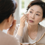 거울을 보며 눈가와 베이스 메이크업 상태를 점검하는 50대 여성