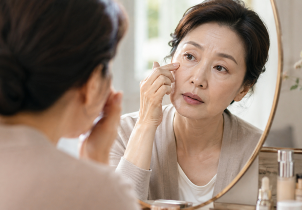 거울을 보며 눈가와 베이스 메이크업 상태를 점검하는 50대 여성