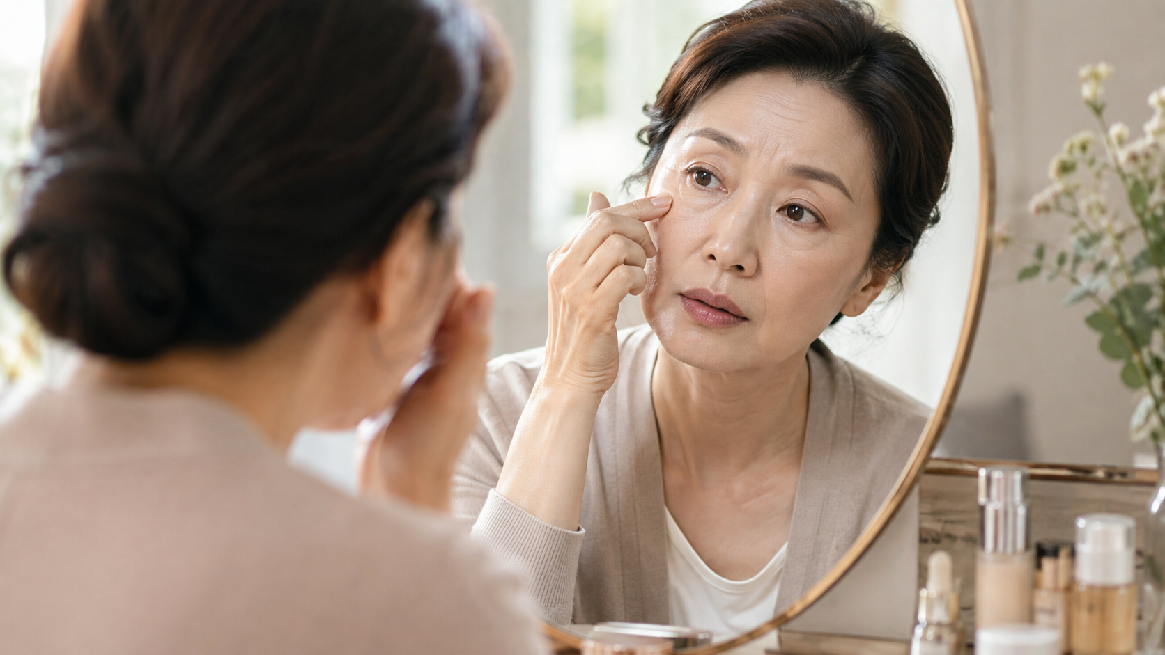 거울을 보며 눈가와 베이스 메이크업 상태를 점검하는 50대 여성
