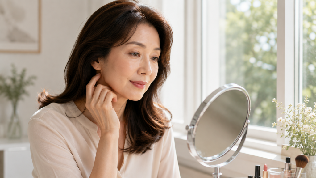 자연광에서 얇고 자연스러운 메이크업의 전체 균형을 확인하는 50대 여성