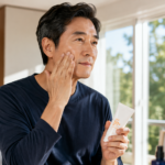 외출 전 얼굴 피부를 확인하며 선크림을 바르는 50대 남성의 피부관리 모습