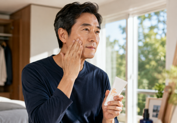 외출 전 얼굴 피부를 확인하며 선크림을 바르는 50대 남성의 피부관리 모습