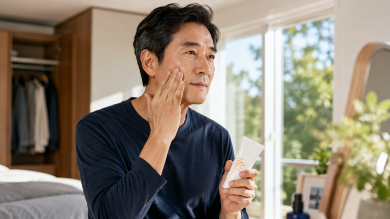 외출 전 얼굴 피부를 확인하며 선크림을 바르는 50대 남성의 피부관리 모습