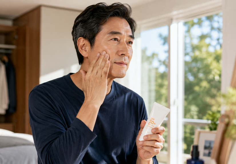 외출 전 얼굴 피부를 확인하며 선크림을 바르는 50대 남성의 피부관리 모습
