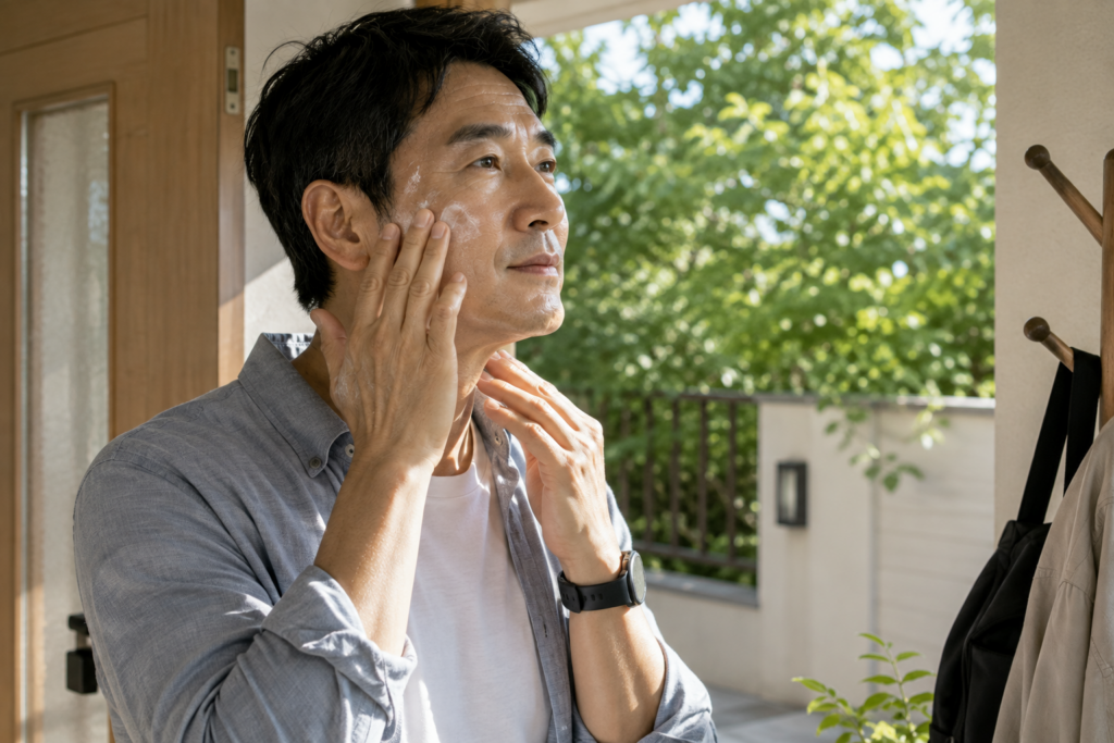 야외 활동 전 목과 귀 주변까지 자외선 차단제를 바르는 50대 남성