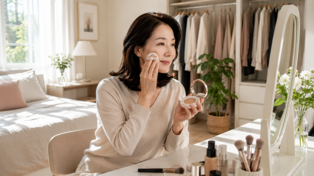 아침 외출 준비 중 쿠션을 얇게 두드려 바르는 중년 여성